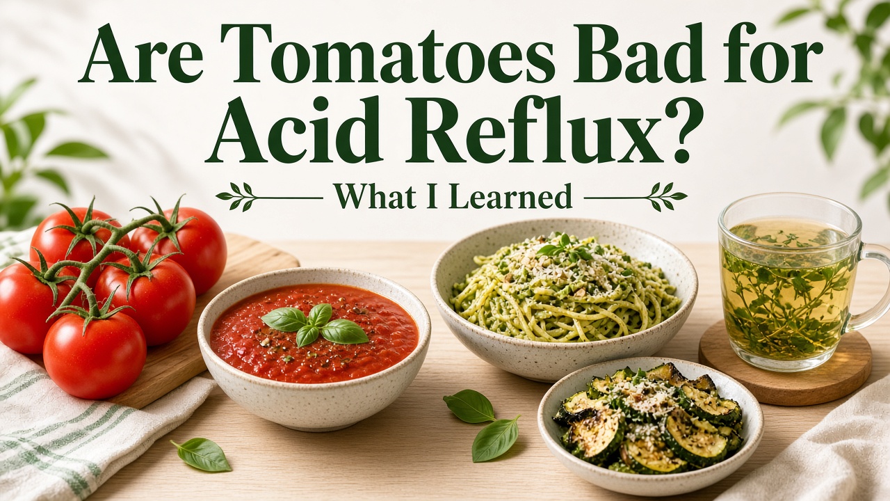 Are tomatoes bad for acid reflux: tomatoes and tomato sauce next to pesto pasta, zucchini, and herbal tea