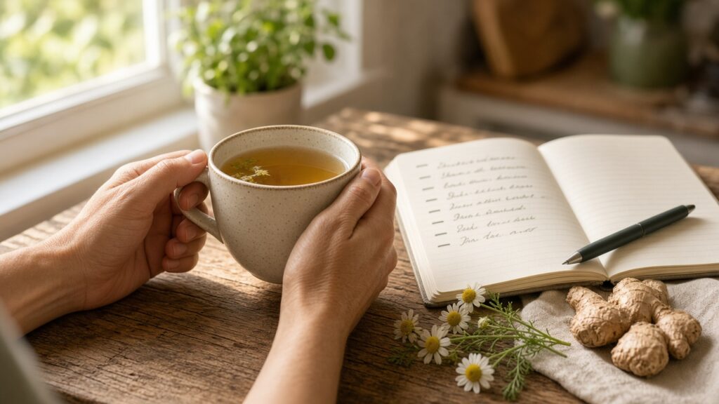 Hands holding a mug of caffeine-free herbal tea beside a notebook checklist, with chamomile and ginger