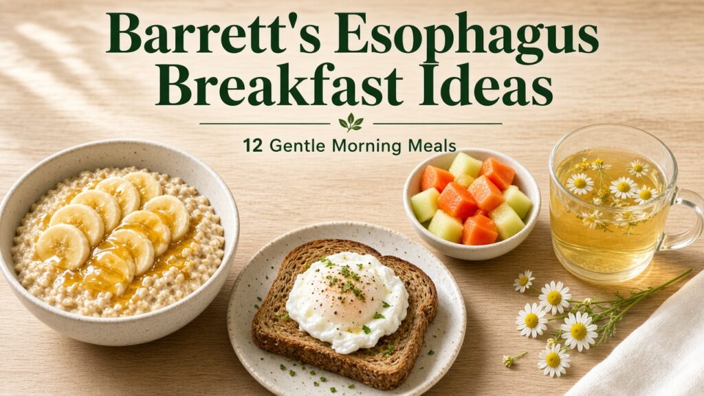 Barrett's esophagus breakfast ideas: oatmeal with banana, poached egg on toast, melon, and herbal tea