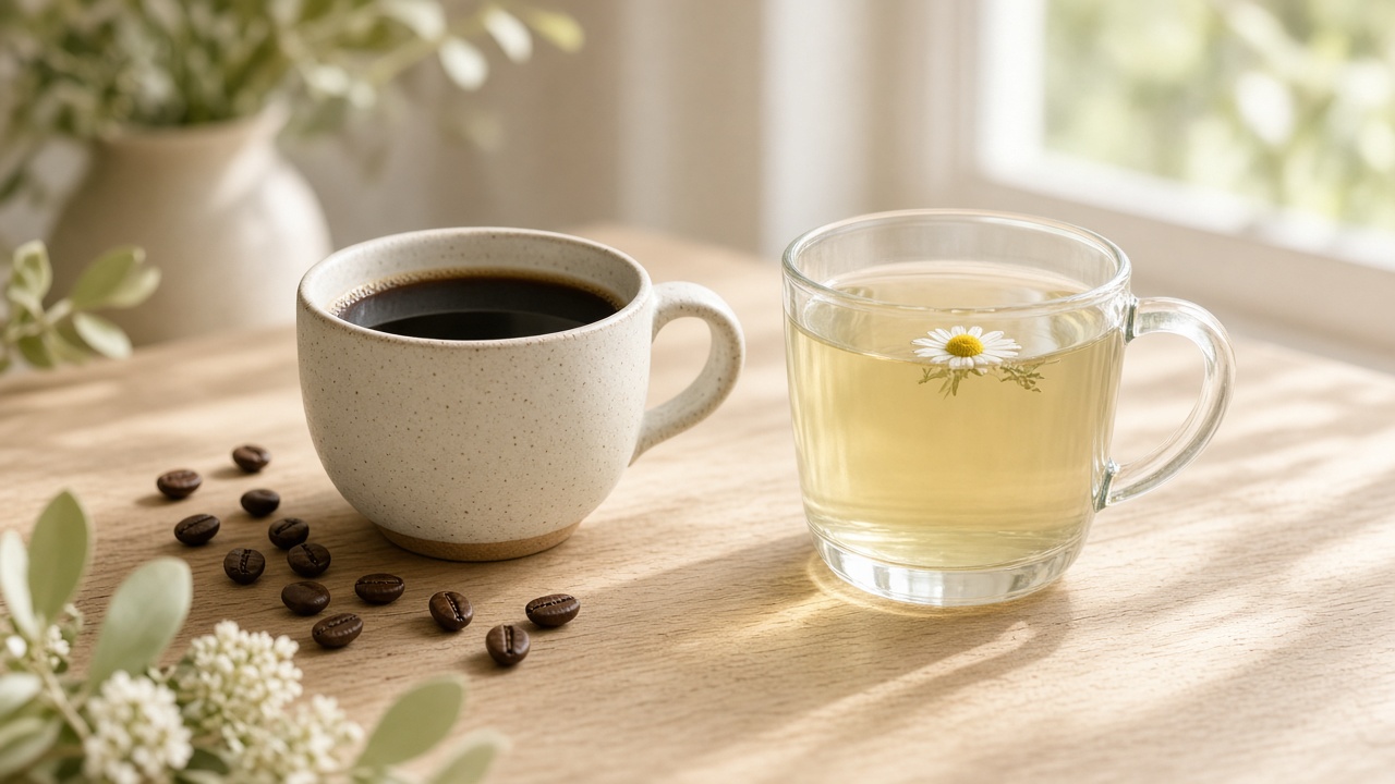 Cup of coffee next to a glass of caffeine-free chamomile herbal tea