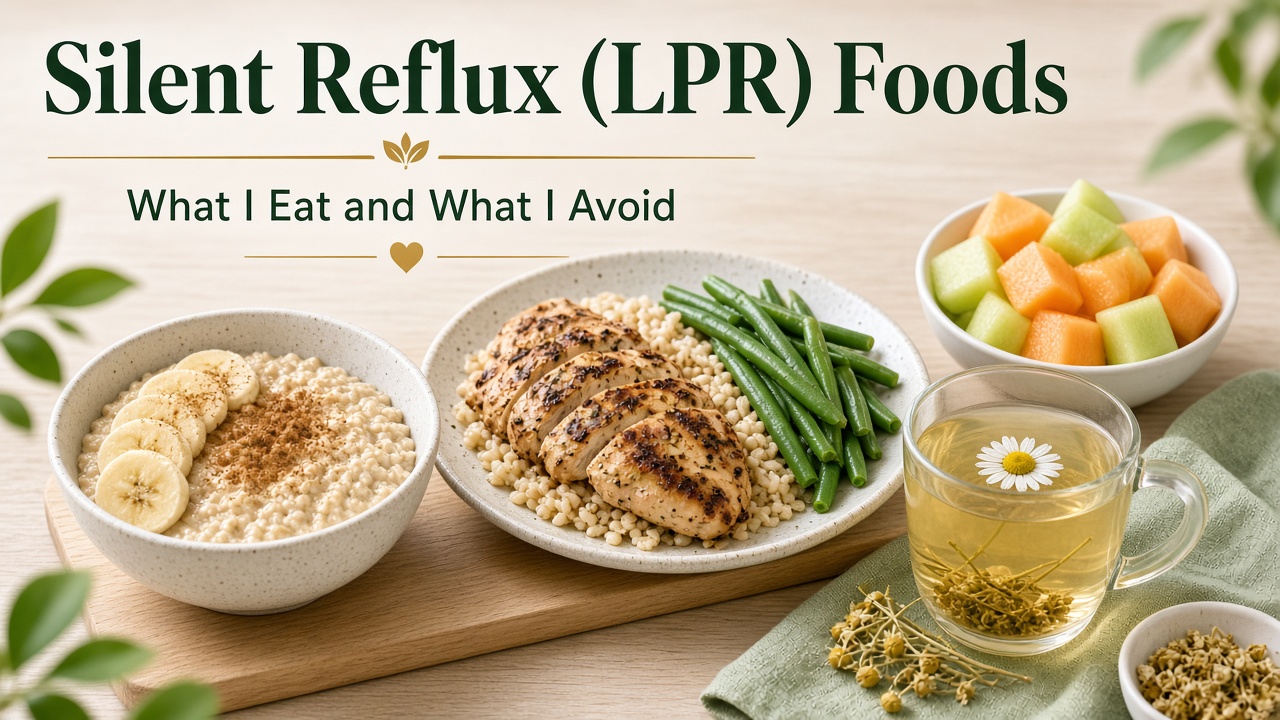 Silent reflux LPR foods: oatmeal with banana, grilled chicken with rice and green beans, melon, and herbal tea